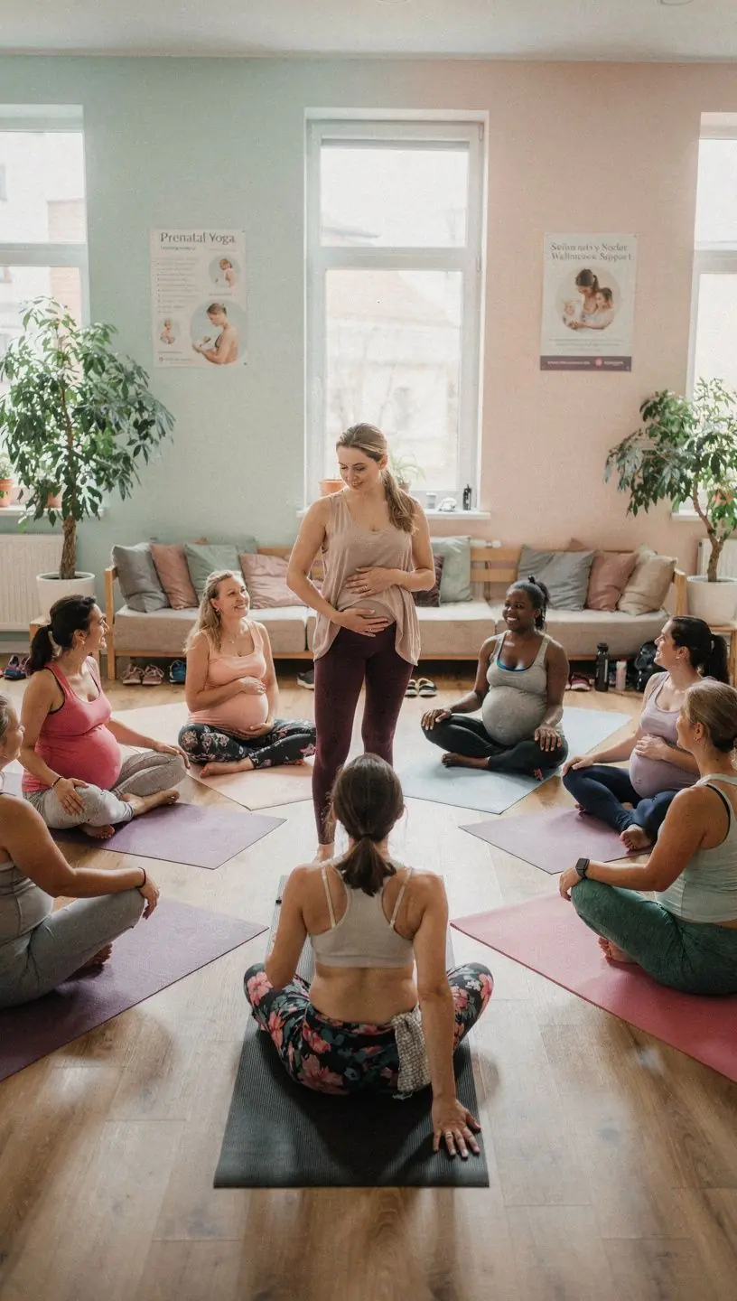 Kobieta w ciąży relaksująca się podczas medytacji w otoczeniu natury.
