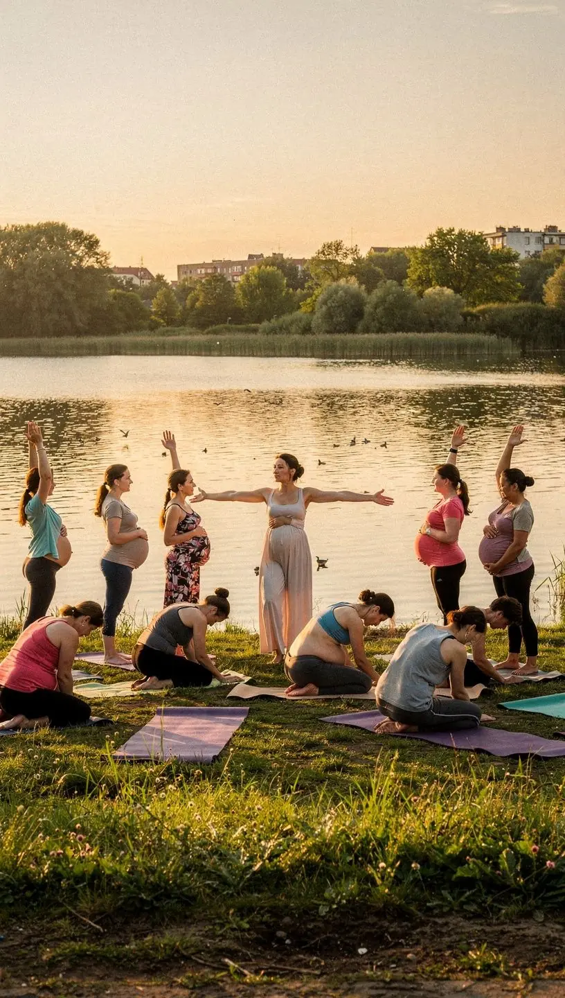 Zbliżenie na ręce ciężarnej kobiety wykonującej ćwiczenie oddechowe.