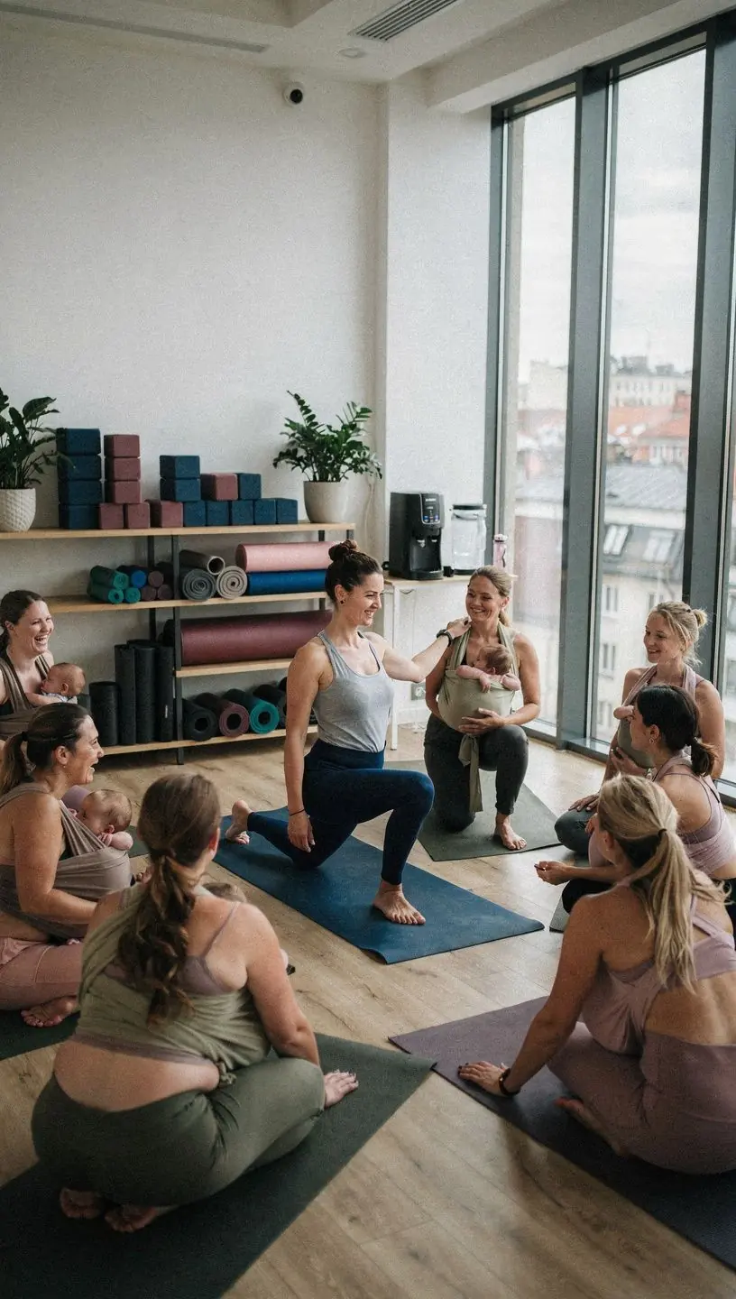 Kobieta w ciąży wykonująca jogę na macie w przytulnym studio.