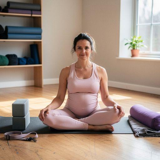 Grupa przyszłych mam uczestnicząca w zajęciach jogi, wspierająca się nawzajem w relaksacyjnych ćwiczeniach.